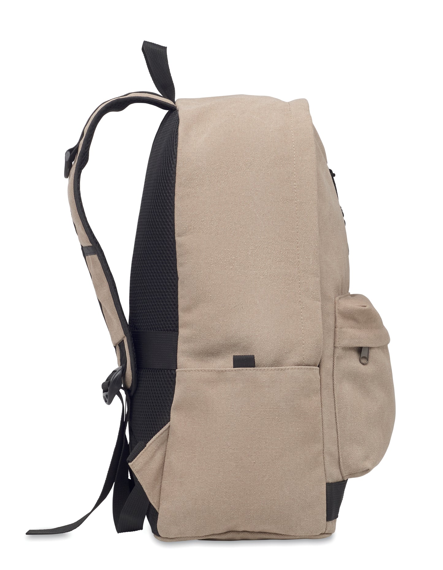 15" Laptop-Rucksack aus recycelter Pre-Consumer-Baumwolle. Große Fronttasche mit Reißverschluss und Laptop-Innenfach. Kleine