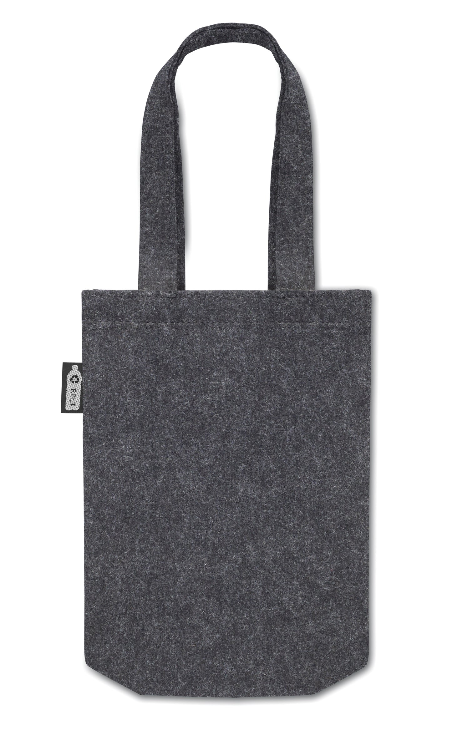 Kleine Geschenk- oder Goodie-Tasche mit kurzen Tragegriffen und Bodenfalte aus RPET-Filz. Filzstärke: