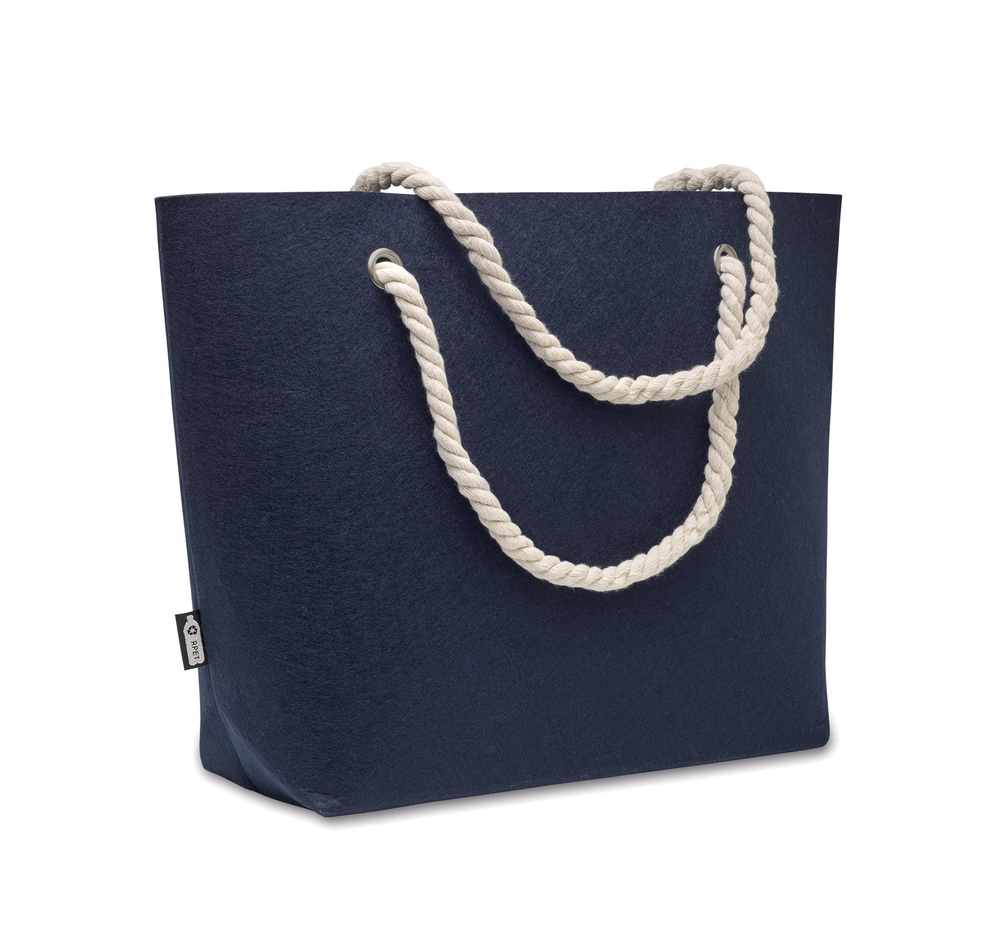 Einkaufs- oder Strandtasche aus RPET-Filz mit Kordelgriff. Filzstärke: 2 mm.