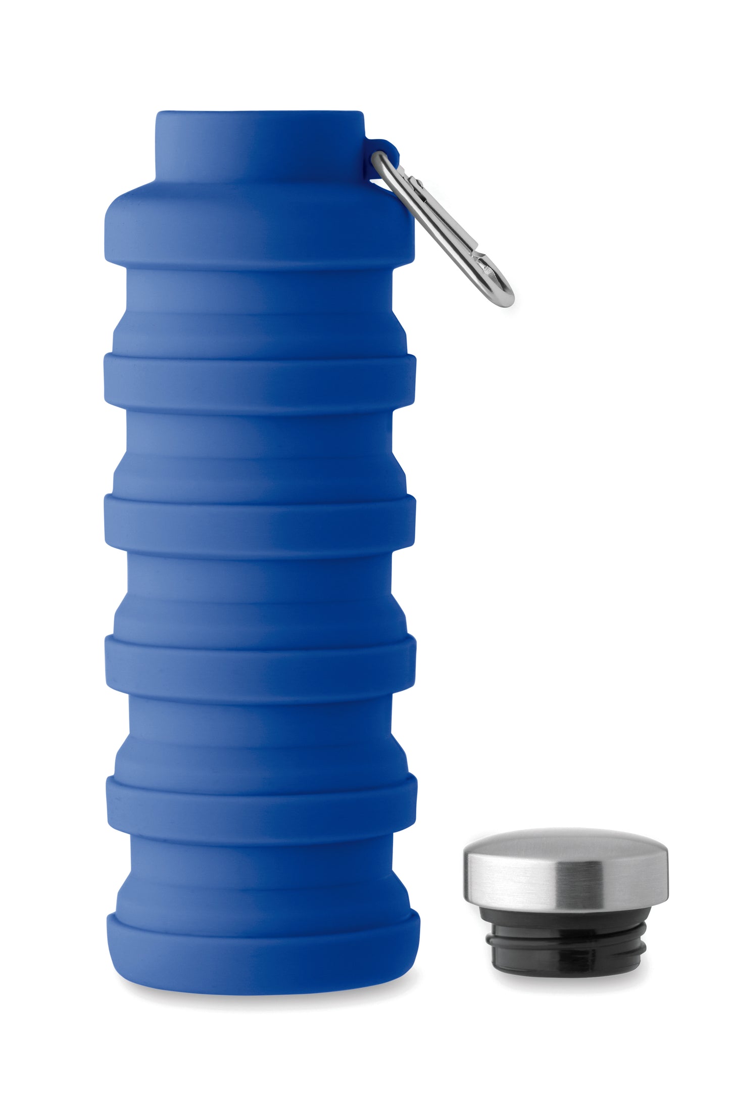 Faltbare Flasche aus Silikon. Verschluss aus Edelstahl und Karabiner aus Aluminium. Der