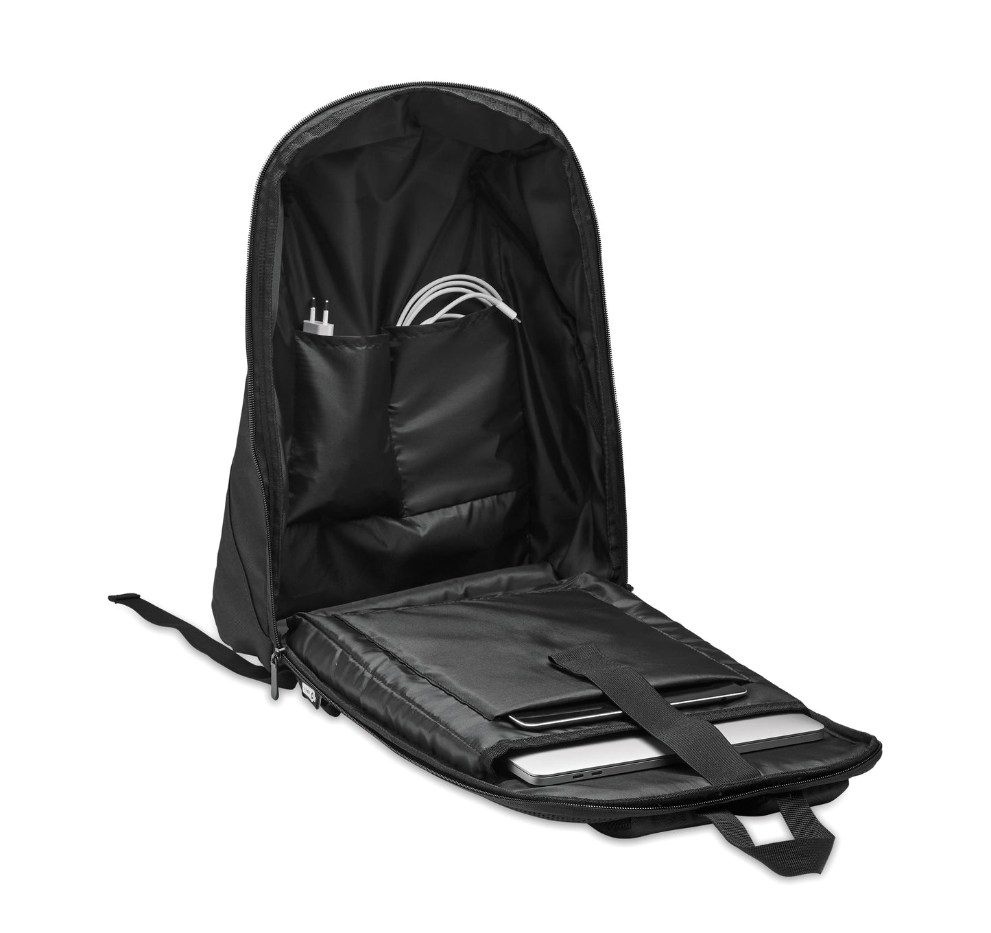 Diebstahlsicherer 15'' Laptop-Rucksack aus 600D RPET-Polyester. Rückseitiges Hauptfach diverse Fächer davon ein