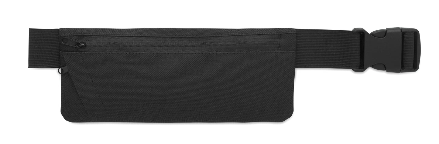 Gürteltasche aus 600D RPET Polyester mit PU-Beschichtung. Hauptfach und Fronttasche mit Reißverschluss.