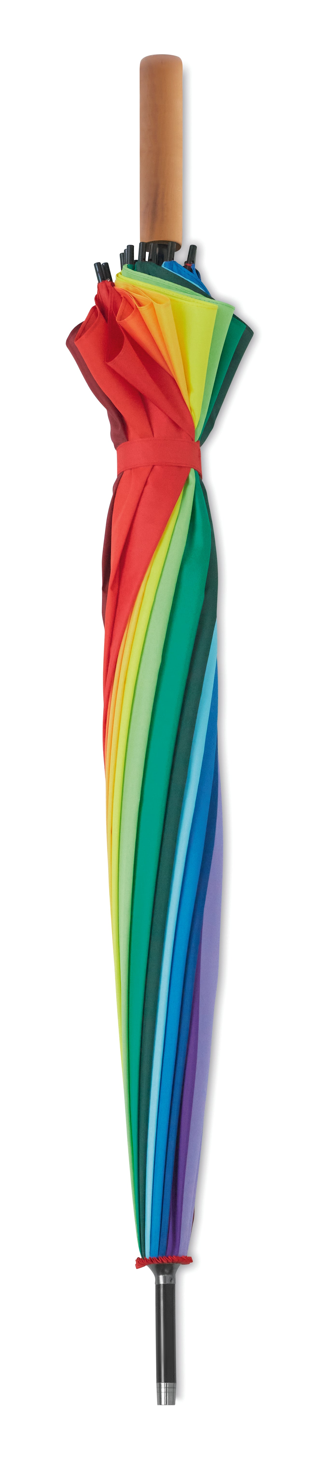 27" Regenschirm aus 190T Pongee in Regenbogenfarben. Stock aus Holz Stangen aus