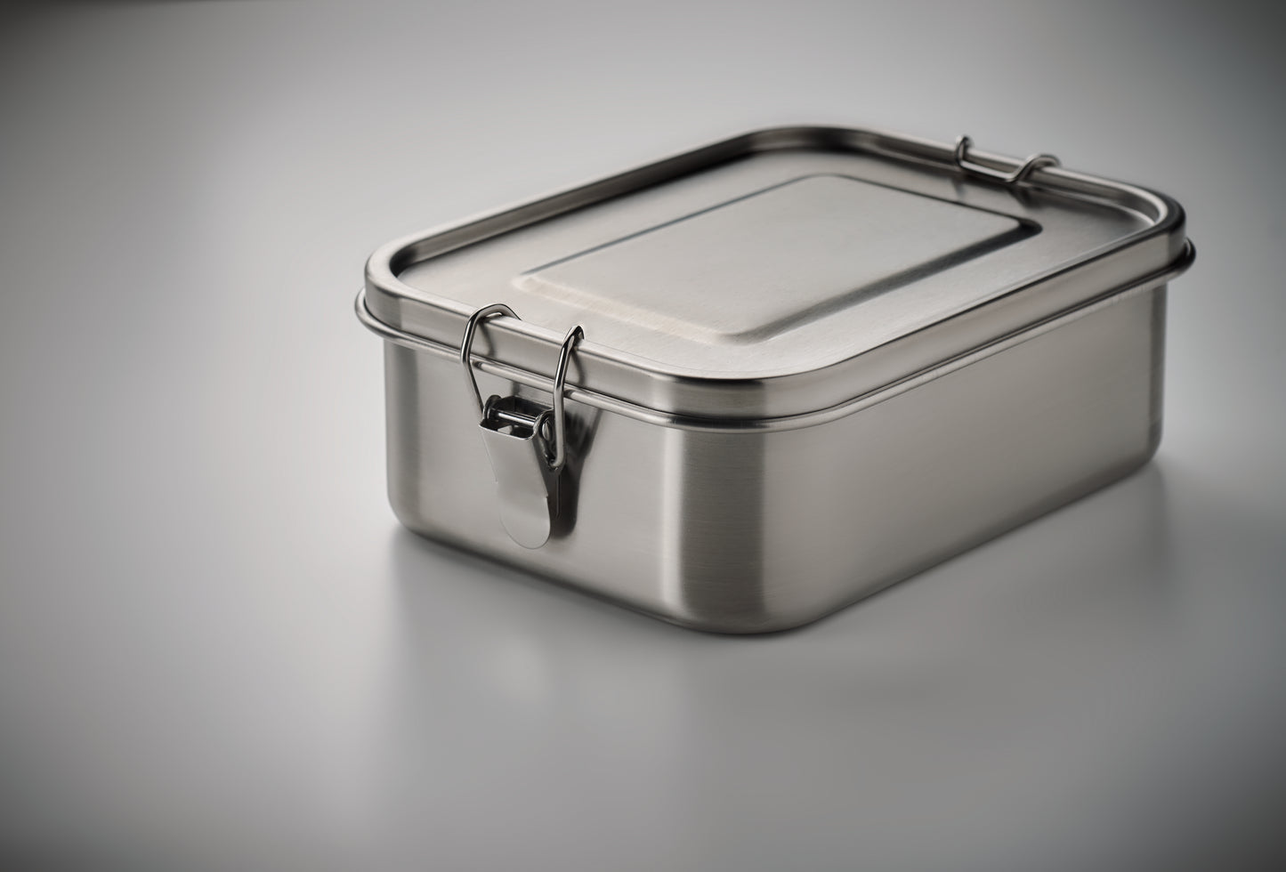 Lunchbox aus Edelstahl mit starken Halteklammern. Inkl. Trennwand. Füllmenge: 1200 ml.