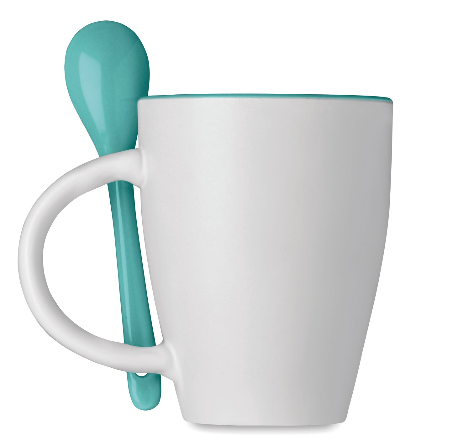 Zweifarbiger Kaffeebecher aus Keramik mit Löffel. Füllmenge: 250 ml. Nur Keramik-Transferdruck ist
