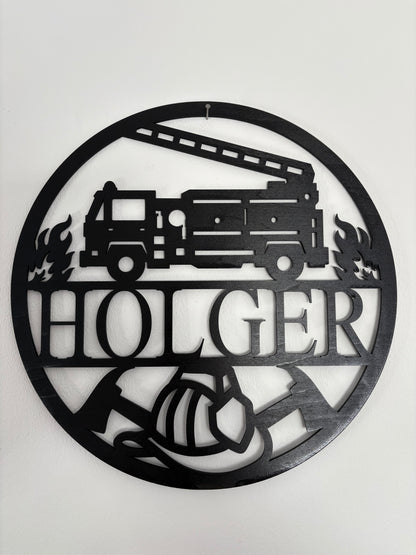 Personalisiertes Türschild aus Holz Feuerwehr mit Name
