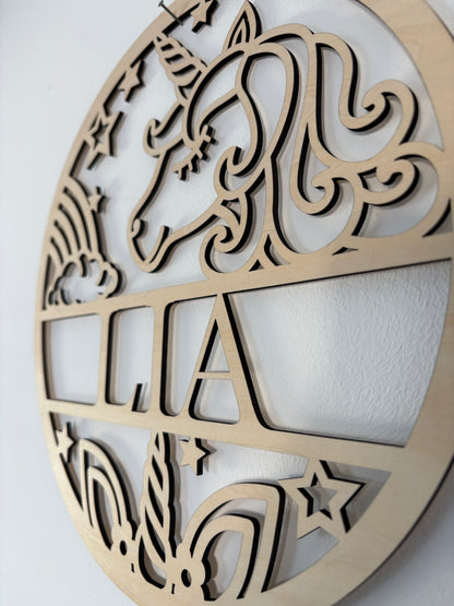 Personalisiertes Türschild aus Holz Einhorn