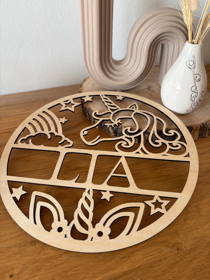 Personalisiertes Türschild aus Holz Einhorn