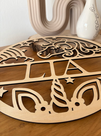 Personalisiertes Türschild aus Holz Einhorn