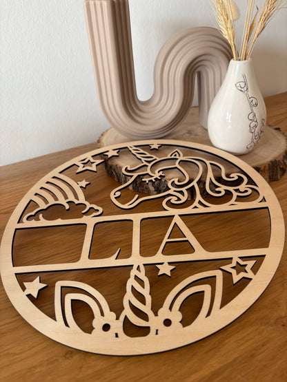 Personalisiertes Türschild aus Holz Einhorn
