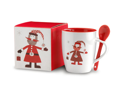 Keramikbecher 250ml mit Löffel und Weihnachtsmann-Motiv verpackt in passender Geschenkbox.