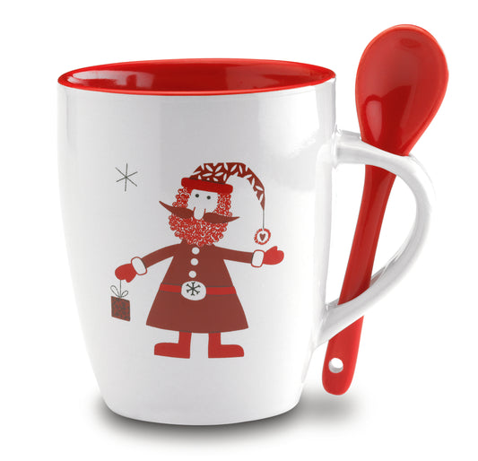 Keramikbecher 250ml mit Löffel und Weihnachtsmann-Motiv verpackt in passender Geschenkbox.