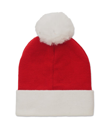 Weihnachtliche Strickmütze mit Bündchen und Bommel aus elastischem Acryl.