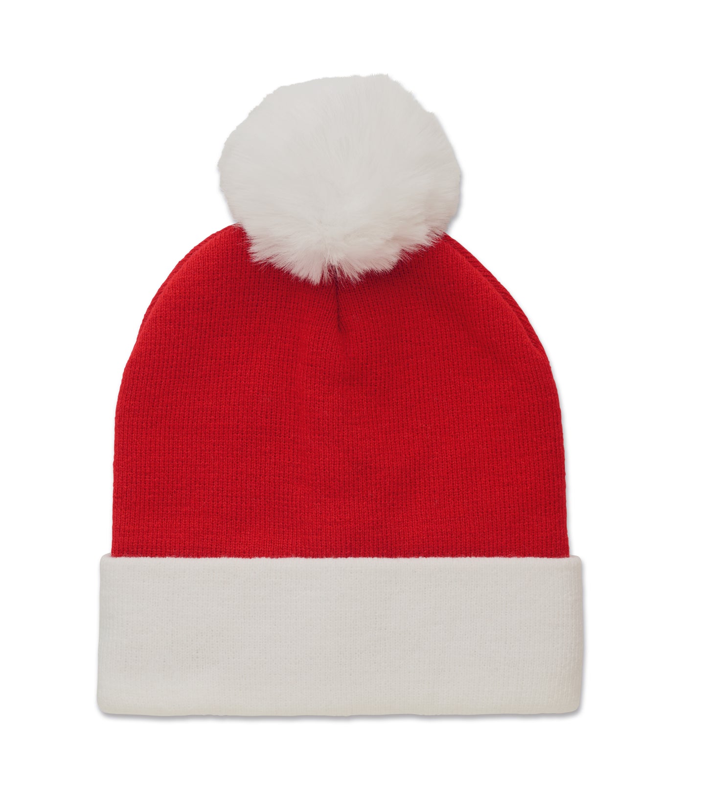 Weihnachtliche Strickmütze mit Bündchen und Bommel aus elastischem Acryl.