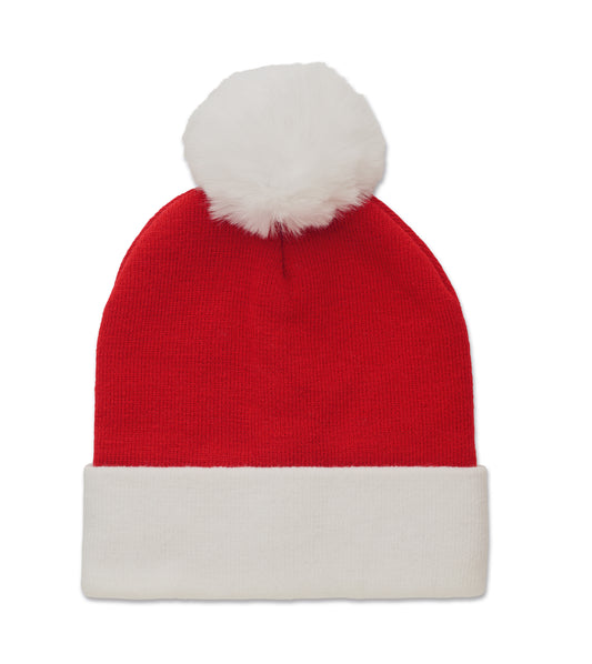 Weihnachtliche Strickmütze mit Bündchen und Bommel aus elastischem Acryl.