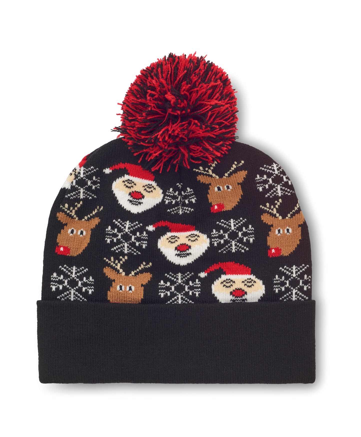Weihnachtliche Strickmütze mit Bündchen und Bommel aus weichem elastischem Acryl.