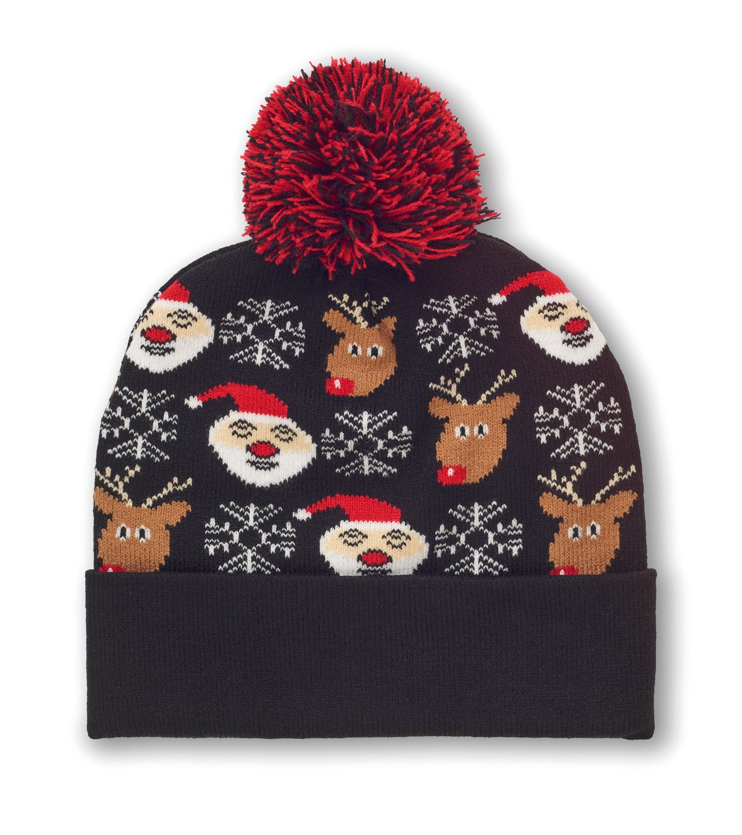 Weihnachtliche Strickmütze mit Bündchen und Bommel aus weichem elastischem Acryl.