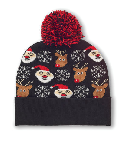 Weihnachtliche Strickmütze mit Bündchen und Bommel aus weichem elastischem Acryl.