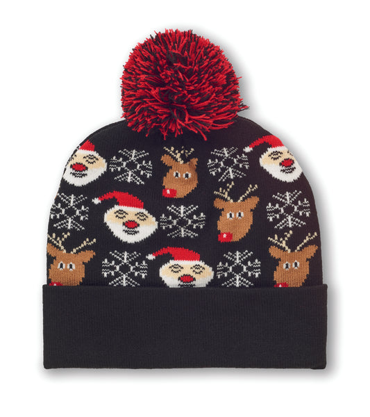 Weihnachtliche Strickmütze mit Bündchen und Bommel aus weichem elastischem Acryl.