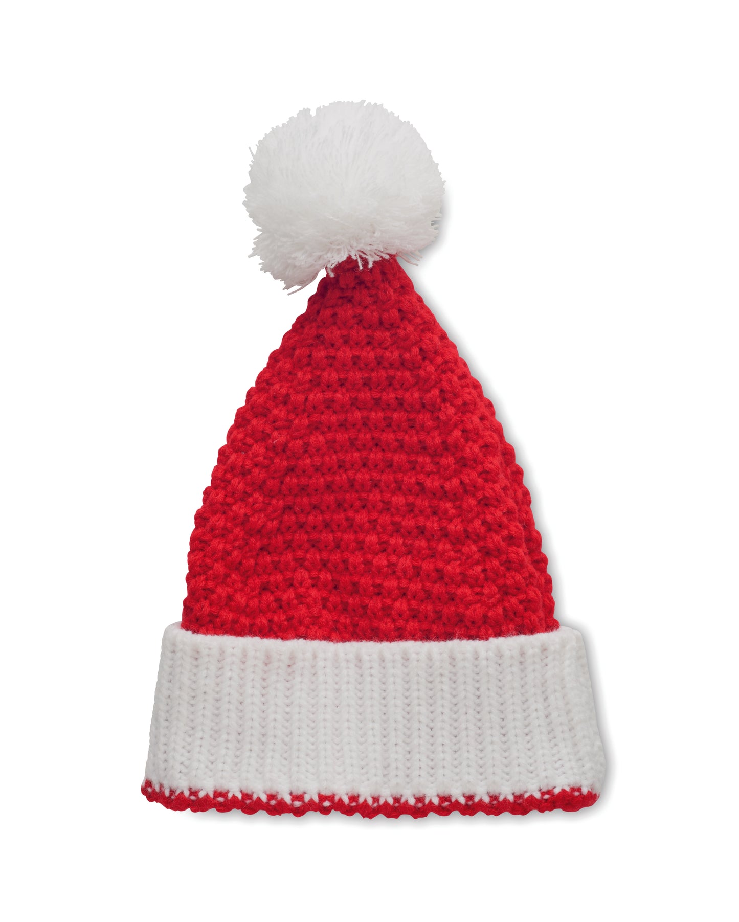 Weihnachtliche Strickmütze mit Bündchen und Bommel aus weichem elastischem Acryl.