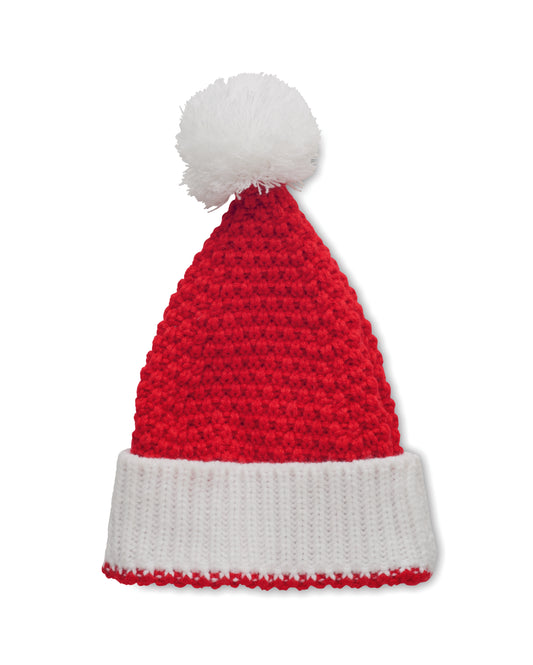 Weihnachtliche Strickmütze mit Bündchen und Bommel aus weichem elastischem Acryl.