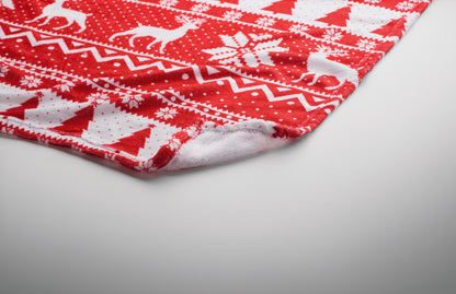 RPET-Coral-Fleece-Decke 190 g/m² mit winterlichem Muster. Inkl. Band mit bedruckbarer Karte.