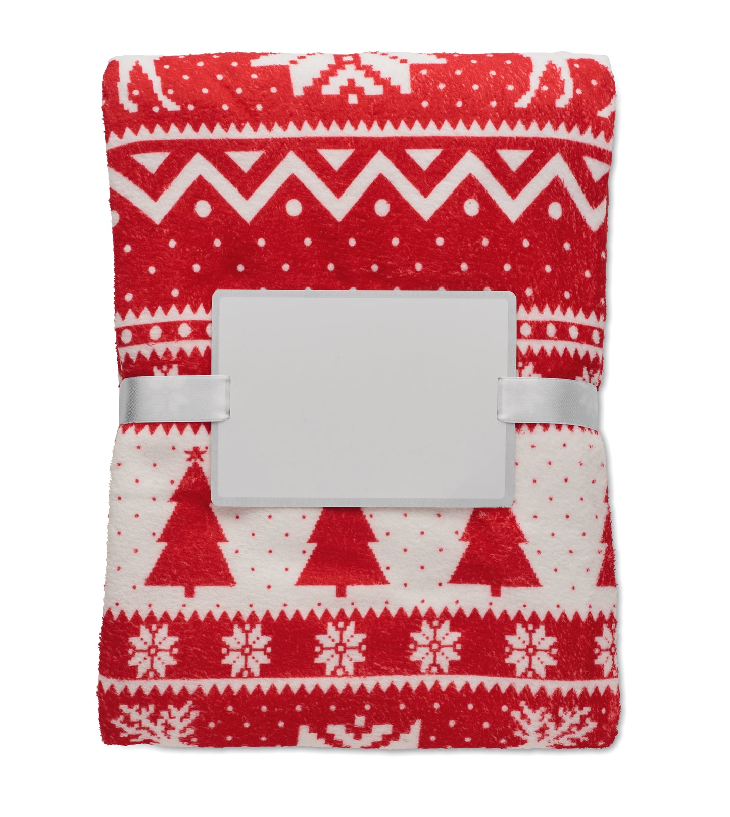 RPET-Coral-Fleece-Decke 190 g/m² mit winterlichem Muster. Inkl. Band mit bedruckbarer Karte.