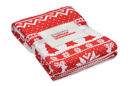 RPET-Coral-Fleece-Decke 190 g/m² mit winterlichem Muster. Inkl. Band mit bedruckbarer Karte.
