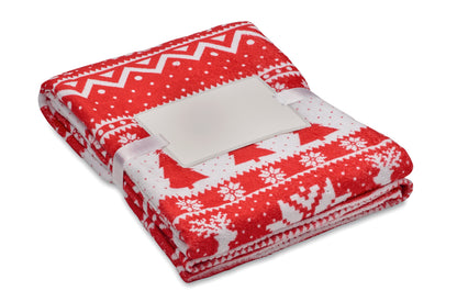 RPET-Coral-Fleece-Decke 190 g/m² mit winterlichem Muster. Inkl. Band mit bedruckbarer Karte.