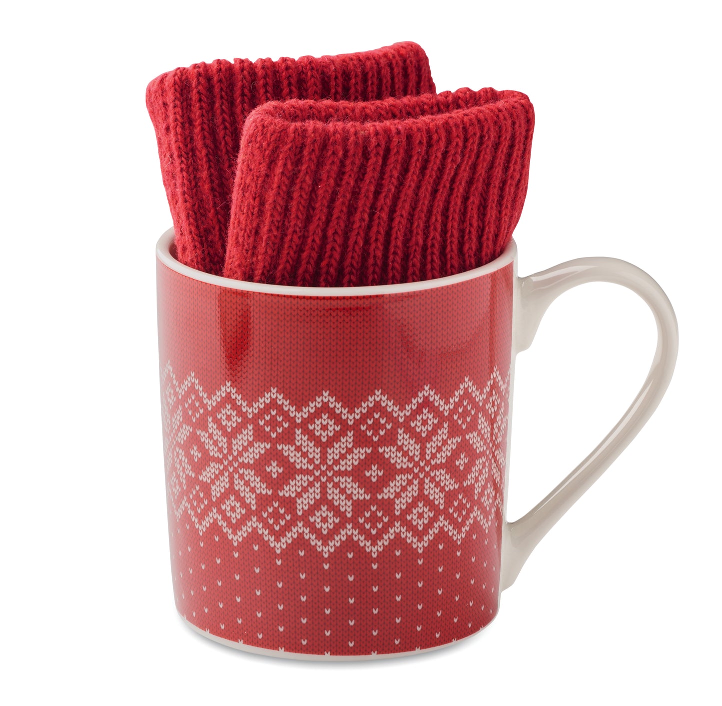 Winterliches Geschenkset bestehend aus einem Paar gestrickter taktiler Handschuhe und Keramikbecher. Schneeflockenmuster.