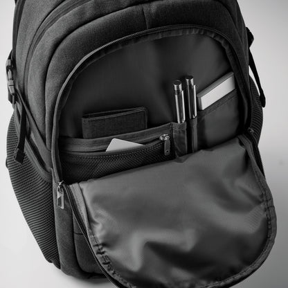 15'' Laptop-Rucksack aus 600D RPET Polyester. 3 Außenfächer mit Reißverschluss vollständig gepolstert
