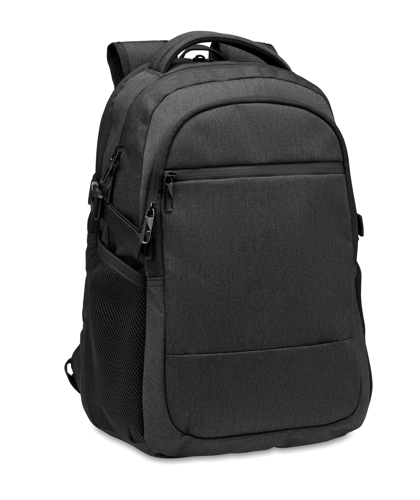 15'' Laptop-Rucksack aus 600D RPET Polyester. 3 Außenfächer mit Reißverschluss vollständig gepolstert