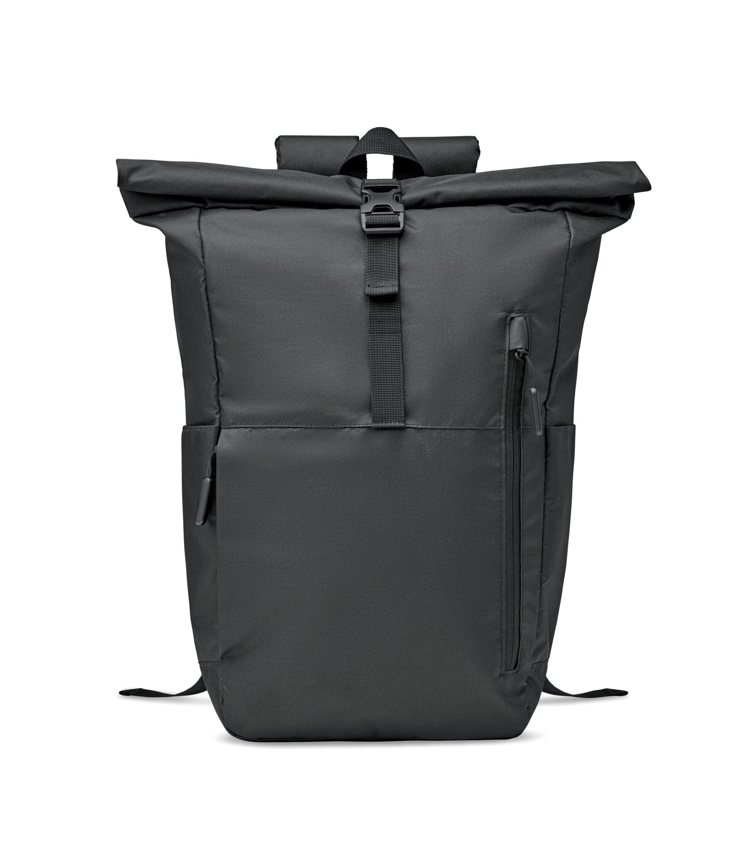 15'' Laptop-Rucksack mit Rollverschluss aus 300D RPET Polyester. Große Fronttasche mit Reißverschluss.