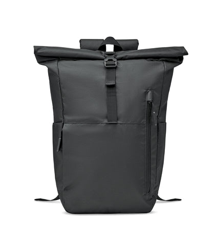 15'' Laptop-Rucksack mit Rollverschluss aus 300D RPET Polyester. Große Fronttasche mit Reißverschluss.