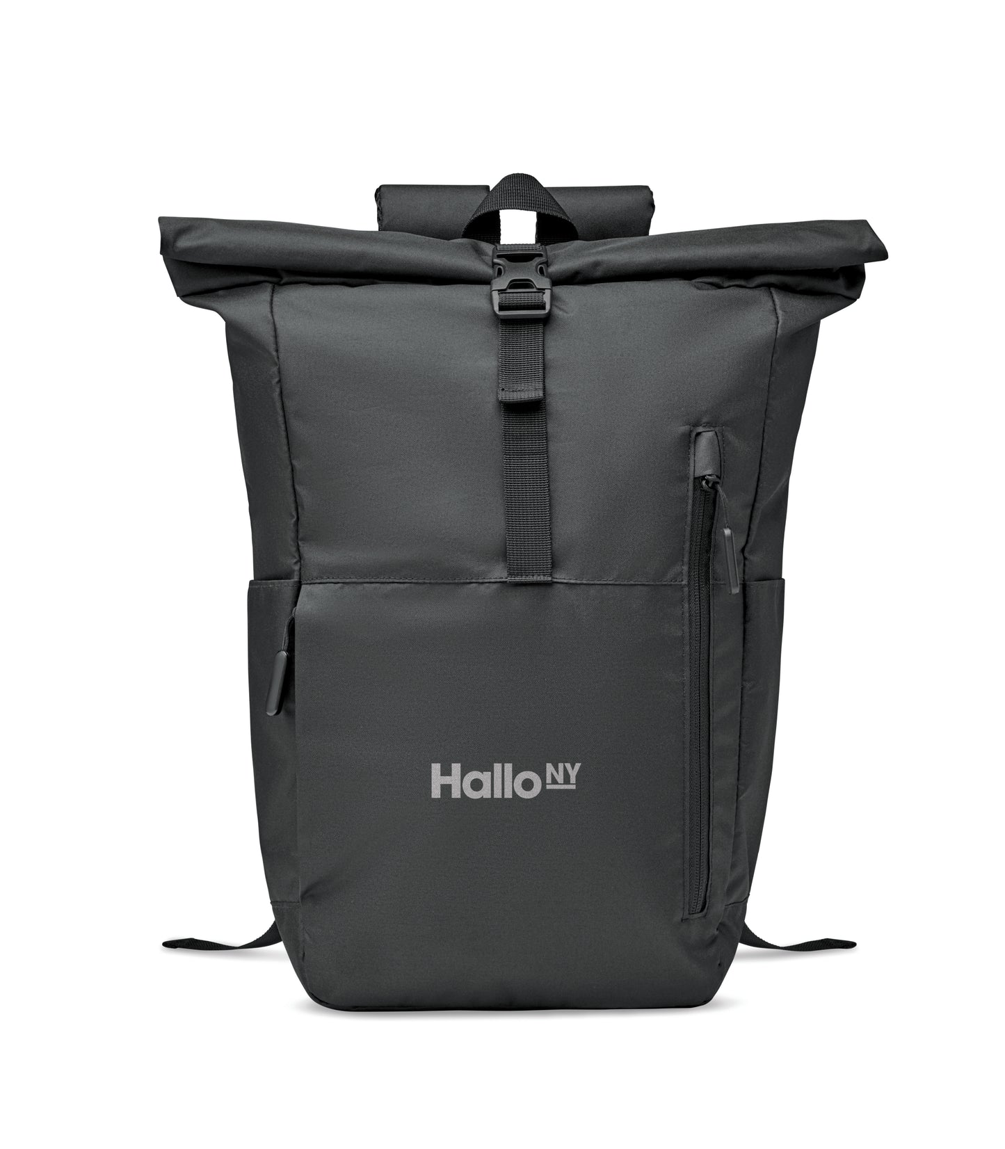 15'' Laptop-Rucksack mit Rollverschluss aus 300D RPET Polyester. Große Fronttasche mit Reißverschluss.