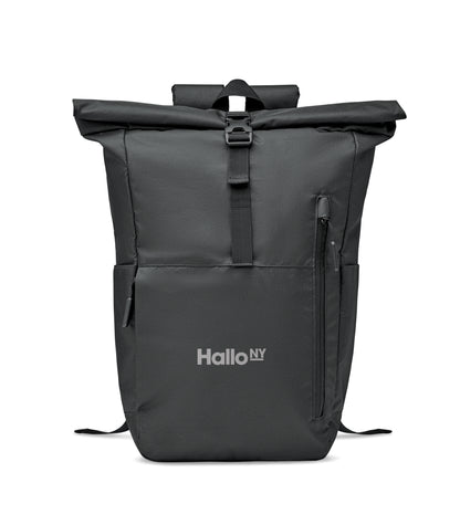 15'' Laptop-Rucksack mit Rollverschluss aus 300D RPET Polyester. Große Fronttasche mit Reißverschluss.