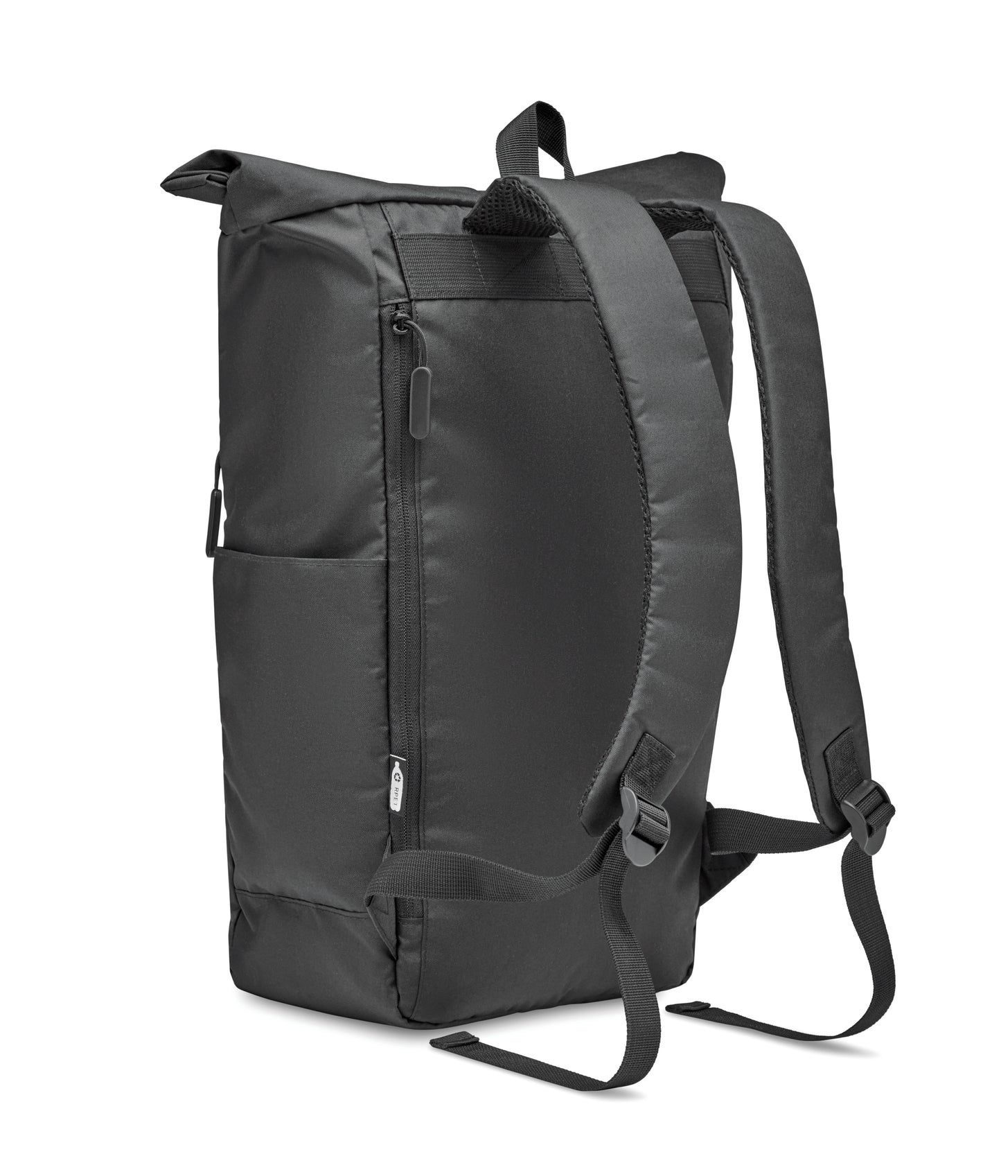 15'' Laptop-Rucksack mit Rollverschluss aus 300D RPET Polyester. Große Fronttasche mit Reißverschluss.