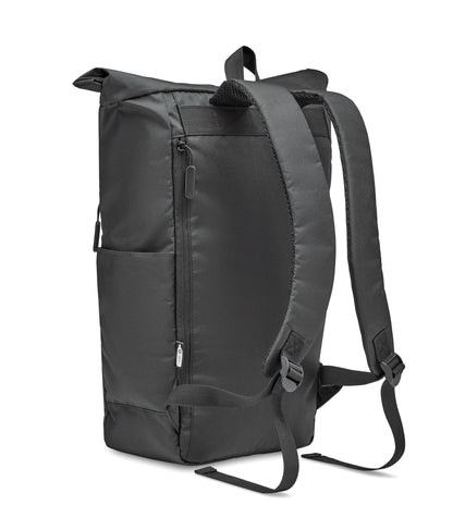 15'' Laptop-Rucksack mit Rollverschluss aus 300D RPET Polyester. Große Fronttasche mit Reißverschluss.