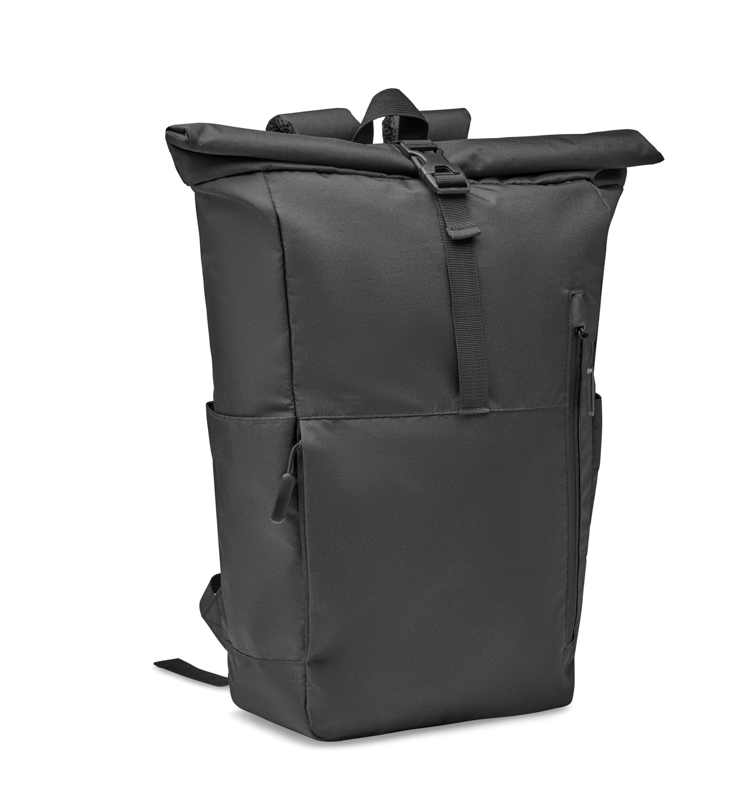 15'' Laptop-Rucksack mit Rollverschluss aus 300D RPET Polyester. Große Fronttasche mit Reißverschluss.