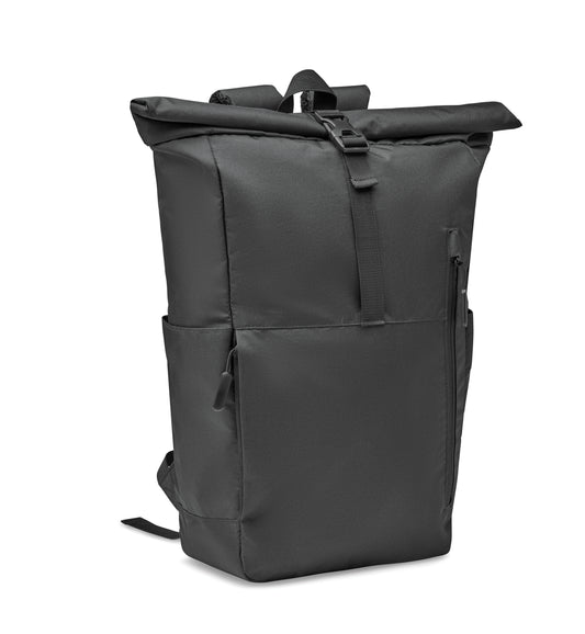 15'' Laptop-Rucksack mit Rollverschluss aus 300D RPET Polyester. Große Fronttasche mit Reißverschluss.
