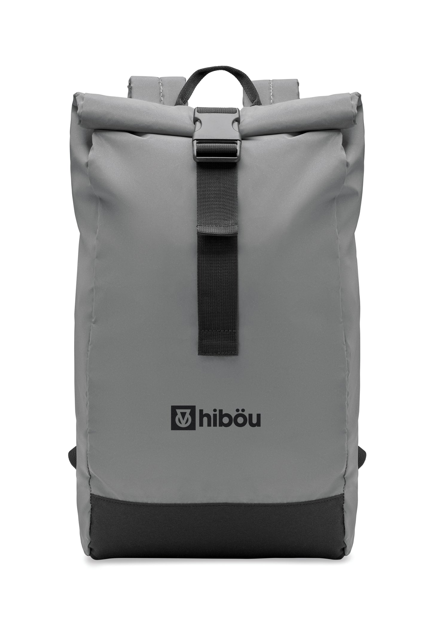 Rucksack mit Rollverschluss aus reflektierendem 190T-Polyester. Laptopfach Innenfach mit Klettverschluss seitliche Reißverschlusstasche.