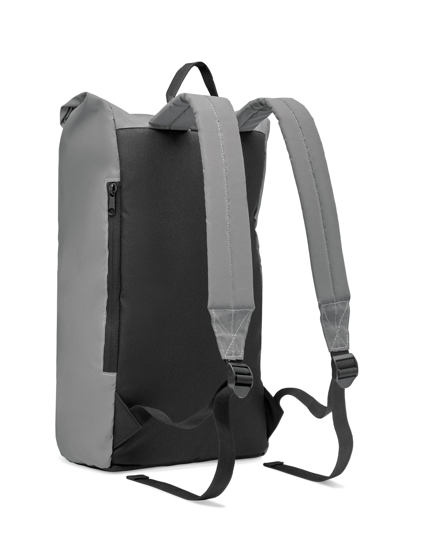 Rucksack mit Rollverschluss aus reflektierendem 190T-Polyester. Laptopfach Innenfach mit Klettverschluss seitliche Reißverschlusstasche.