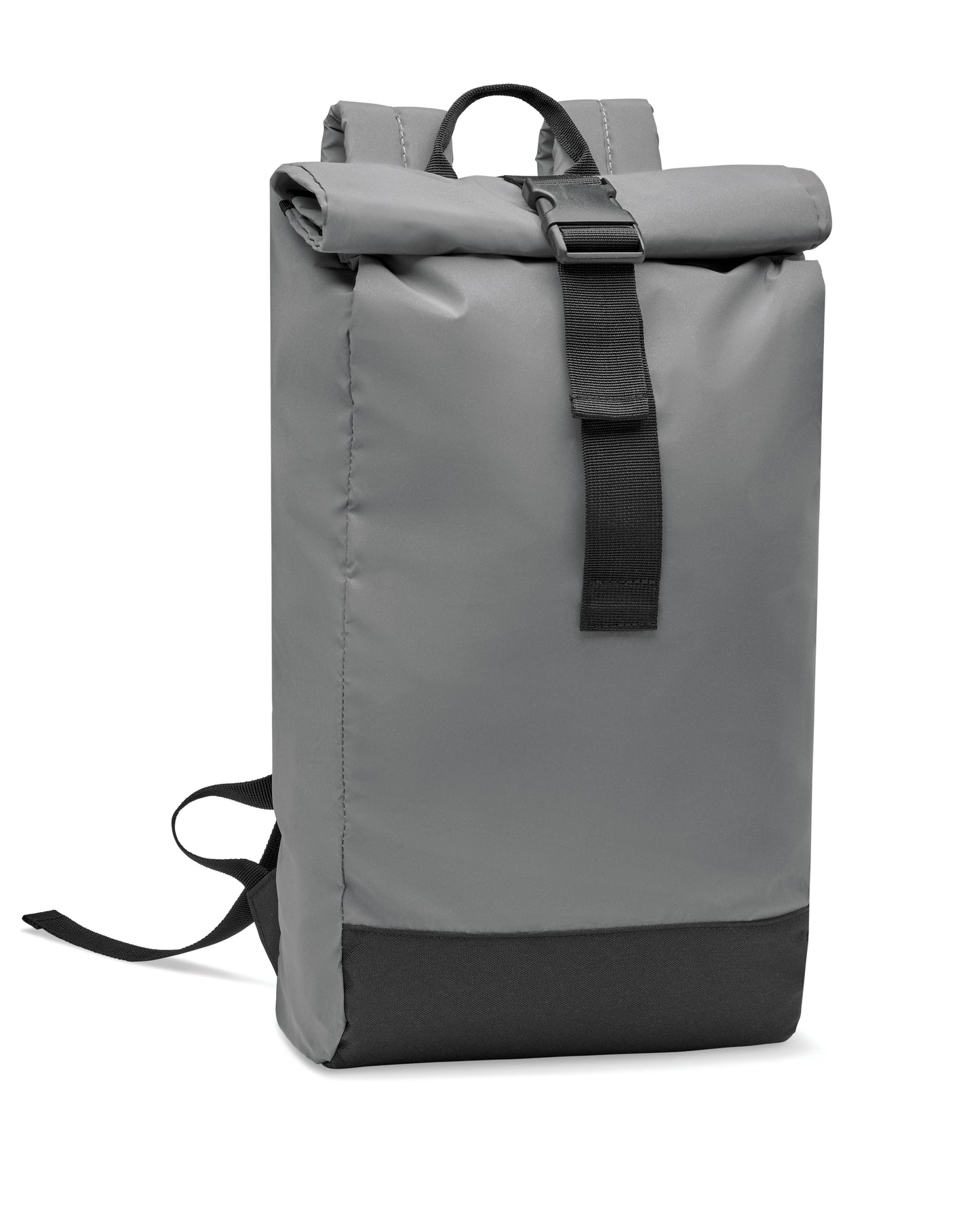 Rucksack mit Rollverschluss aus reflektierendem 190T-Polyester. Laptopfach Innenfach mit Klettverschluss seitliche Reißverschlusstasche.