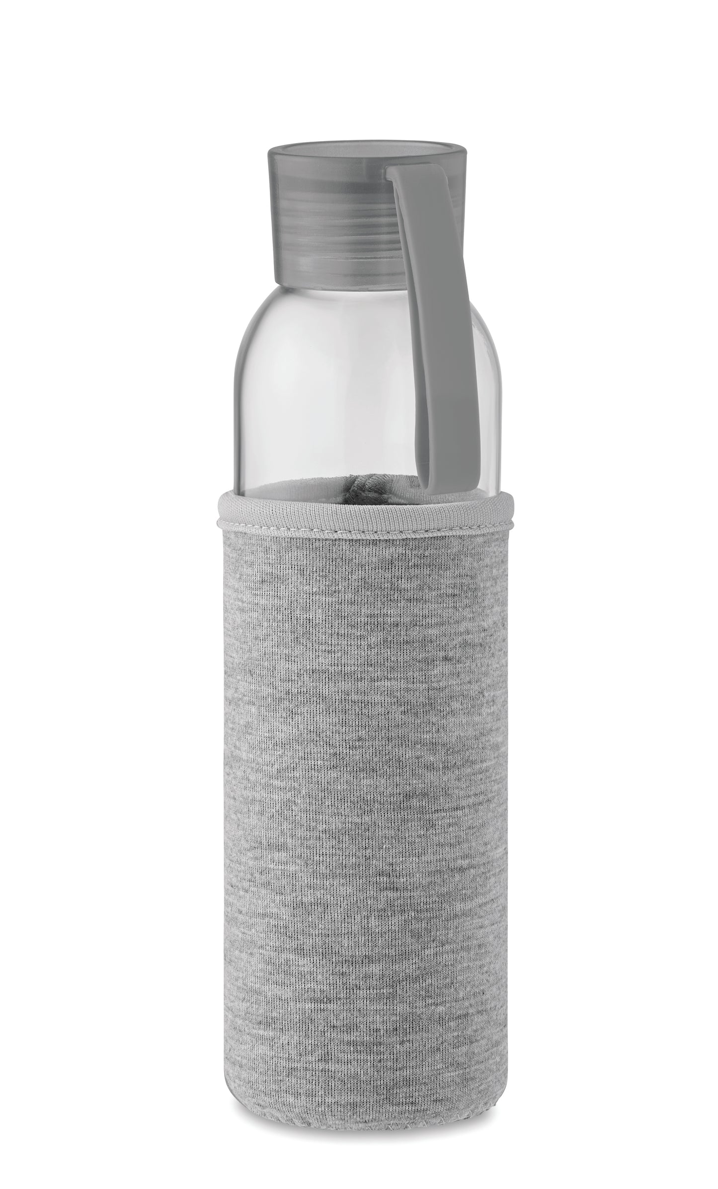 Trinkflasche aus recyceltem Glas mit Neopren-Schutzhülle und PP-Deckel mit Silikon-Schlaufe. Auslaufsicher. Füllmenge:
