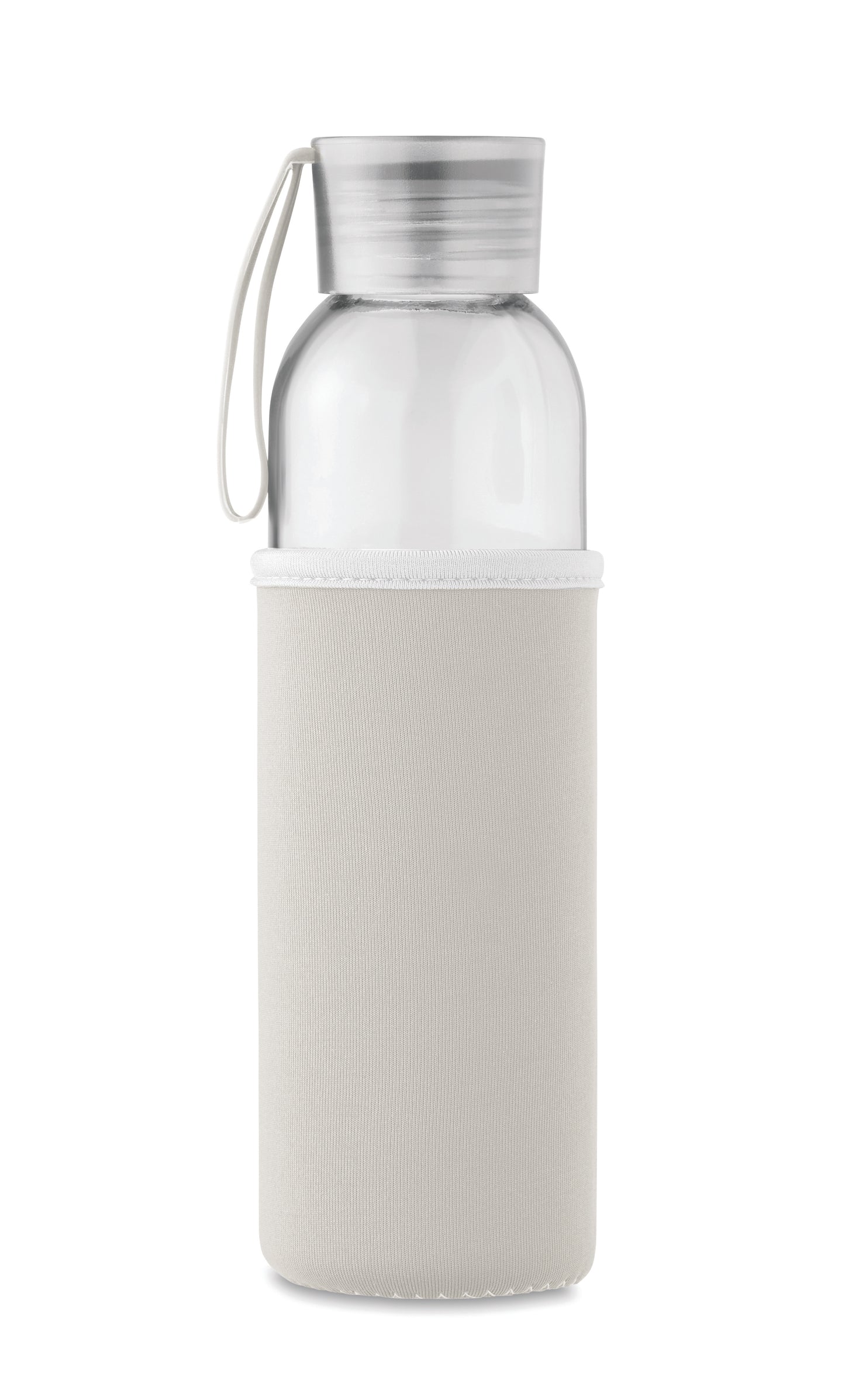 Trinkflasche aus recyceltem Glas mit Neopren-Schutzhülle und PP-Deckel mit Silikon-Schlaufe. Auslaufsicher. Füllmenge: