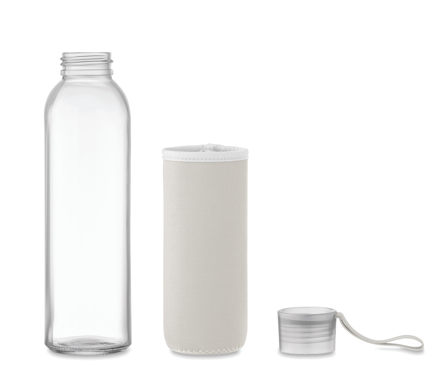 Trinkflasche aus recyceltem Glas mit Neopren-Schutzhülle und PP-Deckel mit Silikon-Schlaufe. Auslaufsicher. Füllmenge: