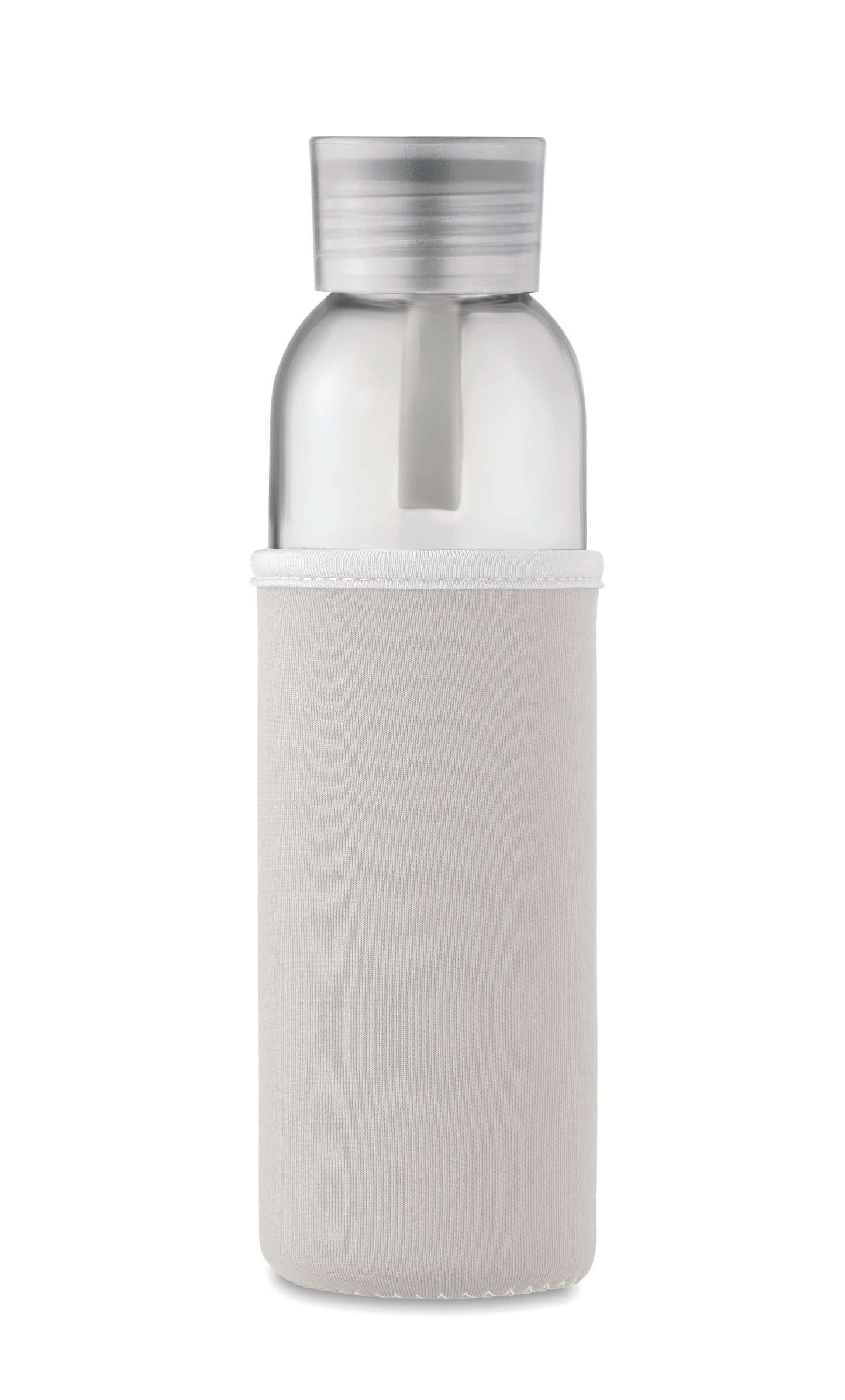 Trinkflasche aus recyceltem Glas mit Neopren-Schutzhülle und PP-Deckel mit Silikon-Schlaufe. Auslaufsicher. Füllmenge: