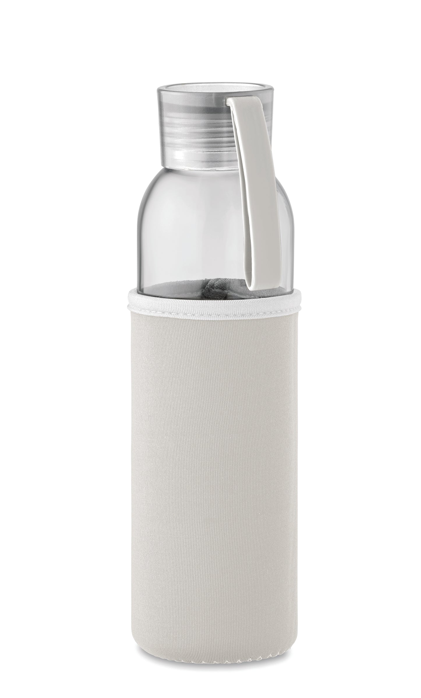 Trinkflasche aus recyceltem Glas mit Neopren-Schutzhülle und PP-Deckel mit Silikon-Schlaufe. Auslaufsicher. Füllmenge: