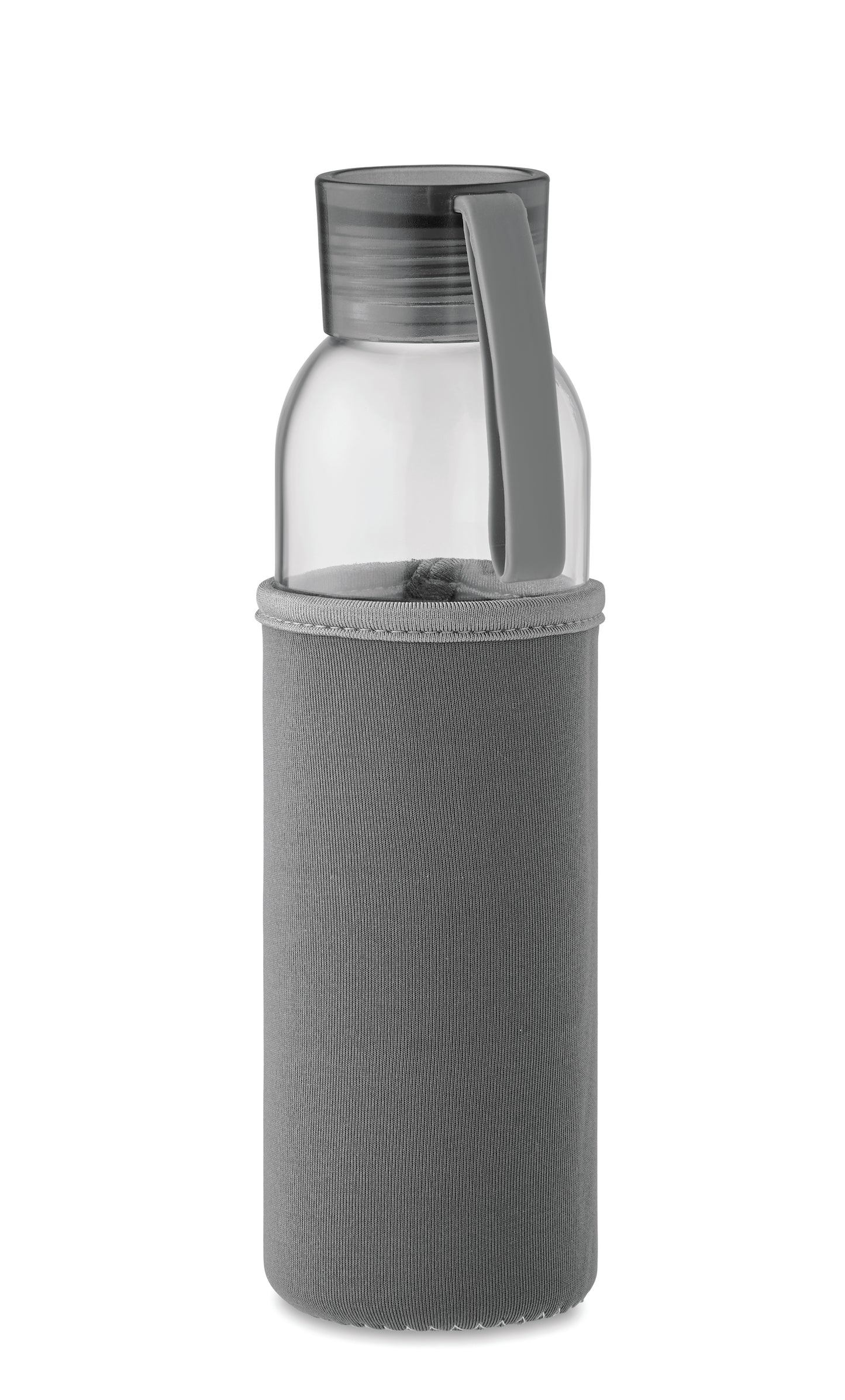 Trinkflasche aus recyceltem Glas mit Neopren-Schutzhülle und PP-Deckel mit Silikon-Schlaufe. Auslaufsicher. Füllmenge: