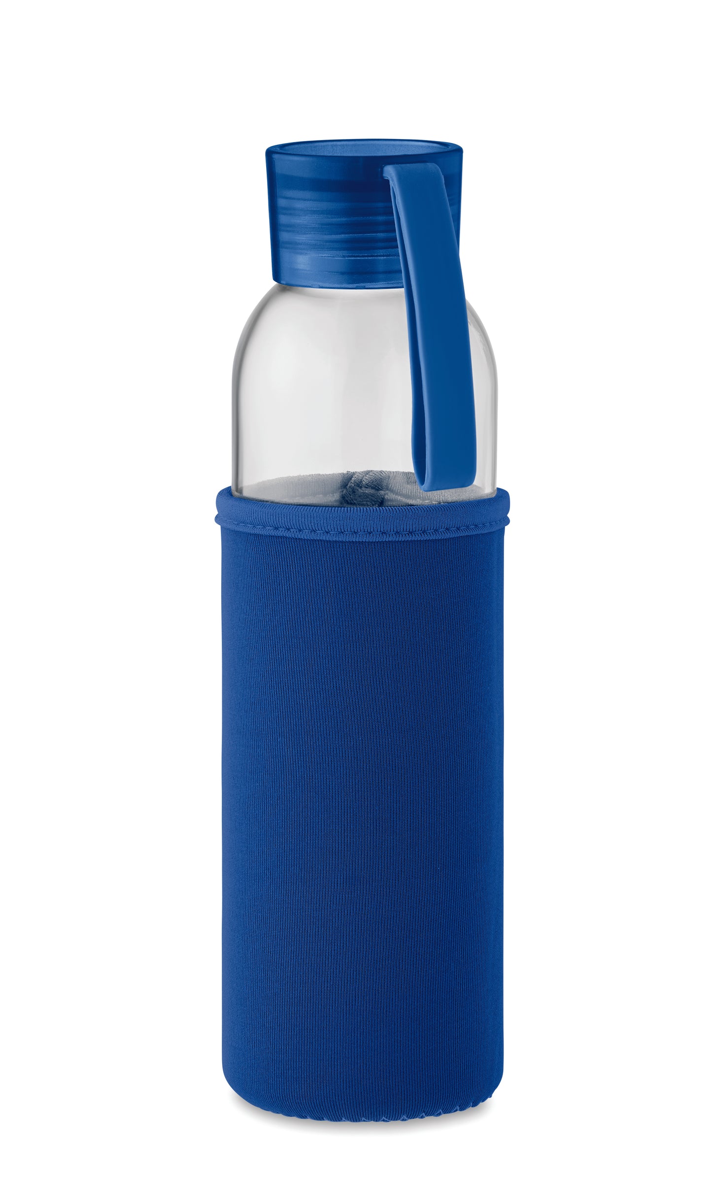 Trinkflasche aus recyceltem Glas mit Neopren-Schutzhülle und PP-Deckel mit Silikon-Schlaufe. Auslaufsicher. Füllmenge: